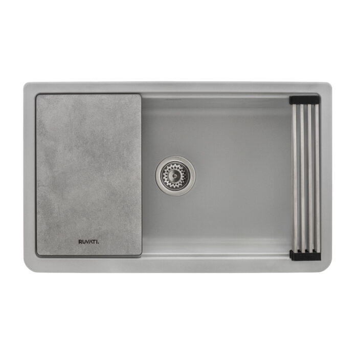 epiCast Ruvati 33-inch Matte Gray Granite Farmhouse Workstation Apron-front Composite Kitchen Sink – Model# RVG1533GR