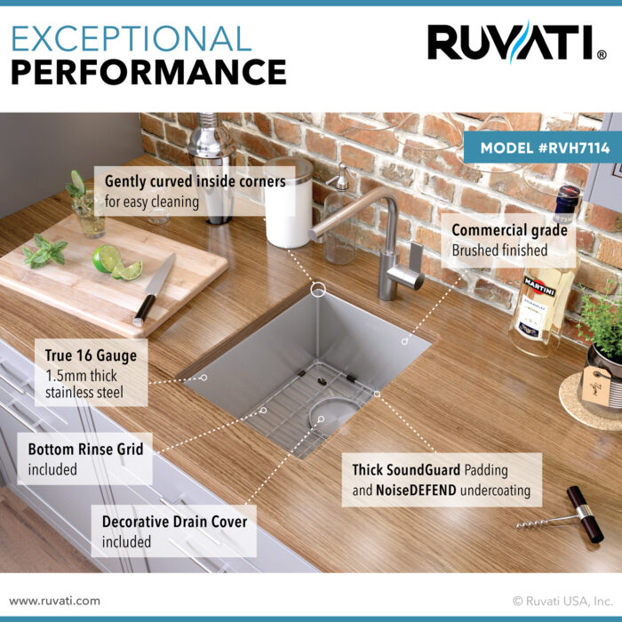 Gravena Ruvati 14" Undermount Bar Prep Sink 16 Gauge Rounded Corners Stainless Steel Single Bowl – Model# RVH7114