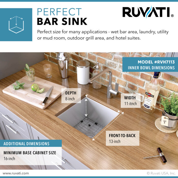 Nesta Ruvati 13 x 15 inch Undermount 16 Gauge Zero Radius Bar Prep Kitchen Sink Stainless Steel Single Bowl – Model# RVH7113