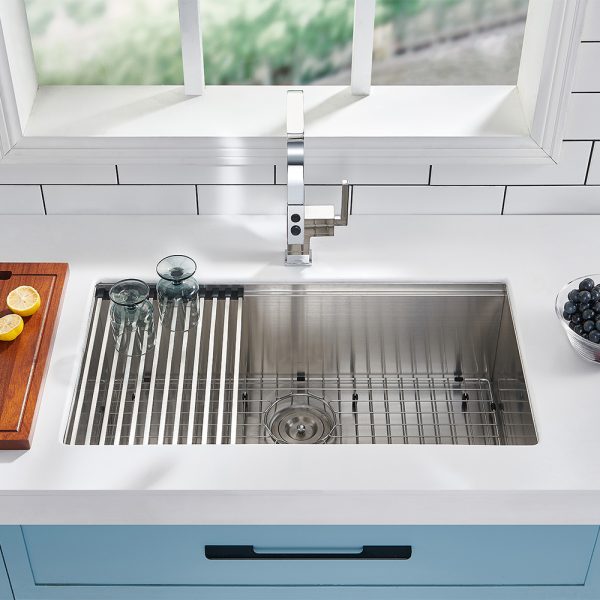 Oakland 32″ Workstation Under Mount Kitchen Sink 90 Degree Zero Radius in Stainless Steel Color Model# WSH321910SS