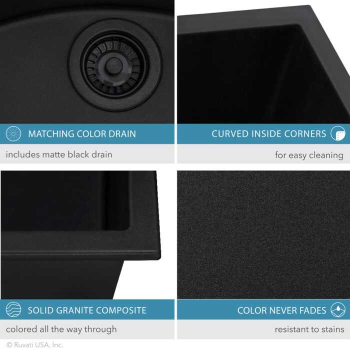 epiGranite Model: RVG2388BK Ruvati 32 x 19 inch Granite Composite Quartz Undermount Double Bowl Kitchen Sink – Midnight Black – RVG2388BK