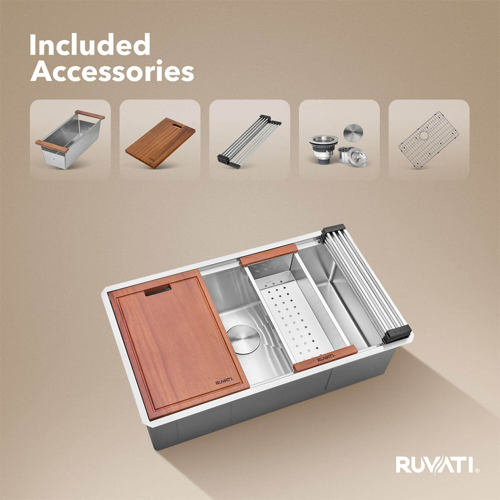 Roma Pro Model: RVH8303 Ruvati 33-inch Workstation Ledge Rounded Corners Undermount 16 Gauge Kitchen Sink Single Bowl – RVH8303