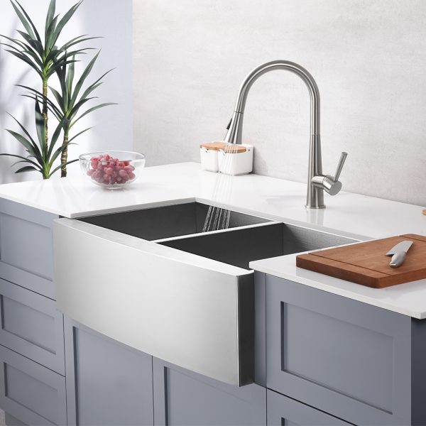 Oakland 33″ Zero Radius, Farmhouse 16 Gauge Stainless Steel Double Bowl Kitchen Sink Model# KSF332010D