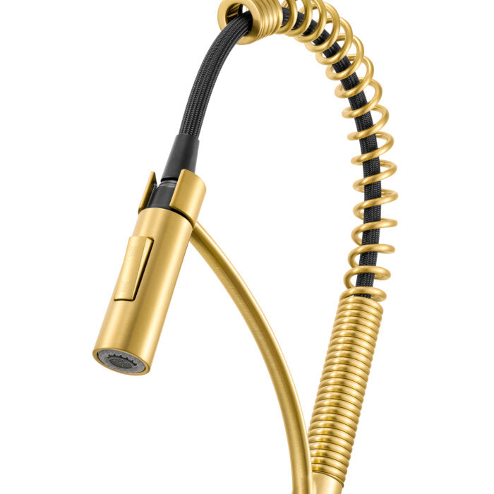 Seneca Model: RVF1236SG Ruvati Seneca Single Handle Pull Down Spring Kitchen Faucet with Pre-Rinse Sprayer in Brushed Gold – RVF1236SG