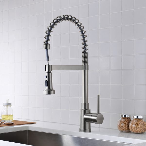Single Handle 1 Hole Pull-Down Kitchen Faucet with Spring in Brushed Nickel Model# KSK1115BN