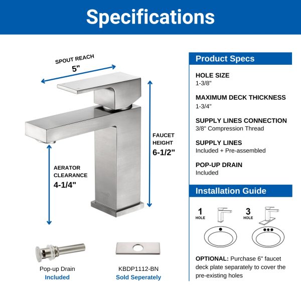 Oakland Single Handle 1 Hole Bathroom Sink Faucet with Pop Up Drain Model# KSB1112BN