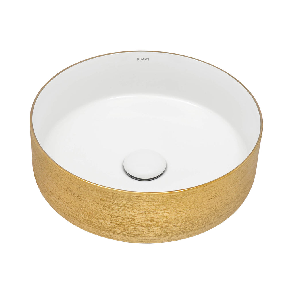 Pietra Ruvati 14" Bathroom Vessel Sink Round Gold Decorative Art Above Vanity Counter White Ceramic – Model# RVB0314WG
