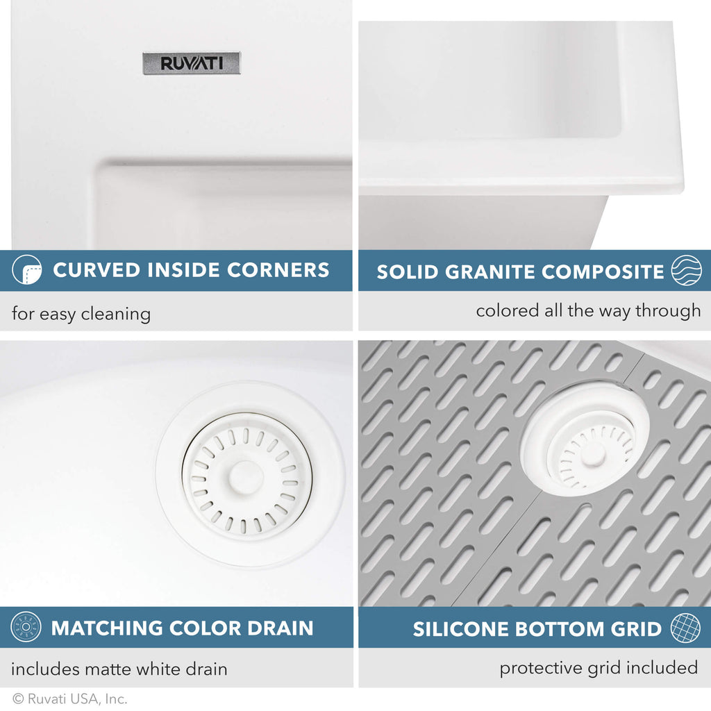 Ruvati 27 x 20 inch Drop-in Topmount Granite Composite Quartz Single Bowl Kitchen Sink – Arctic White Matte – RVG1027WH