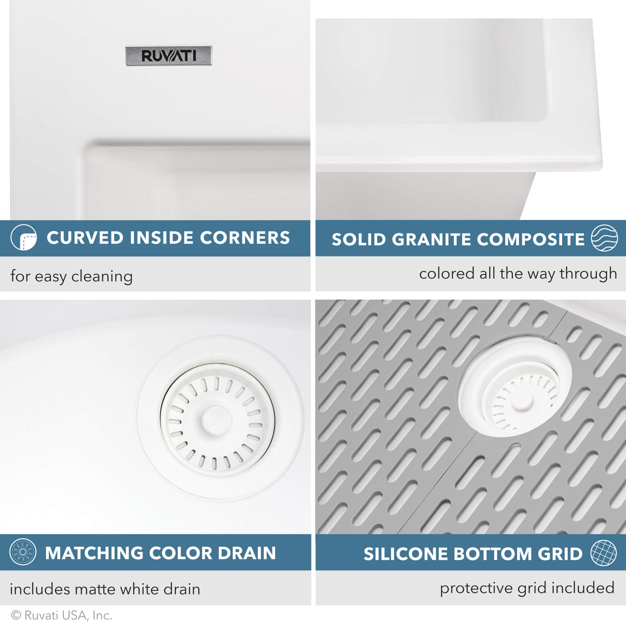 Ruvati 27 x 20 inch Drop-in Topmount Granite Composite Quartz Single Bowl Kitchen Sink – Arctic White Matte – RVG1027WH