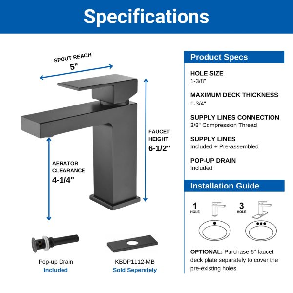 Oakland Single Handle 1 Hole Bathroom Sink Faucet with Pop Up Drain Model# KSB1112MB