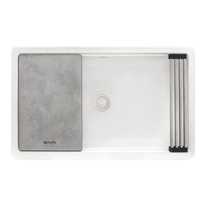 epiCast Ruvati 33-inch Matte White Granite Farmhouse Workstation Apron-front Composite Kitchen Sink – Model# RVG1533WH