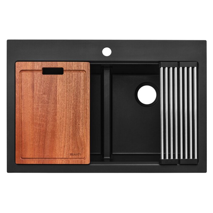 Ruvati 33-inch epiStage Drop-in Topmount Workstation Granite Composite Kitchen Sink 50/50 Double Bowl - Midnight Black - Model# RVG1343BK
