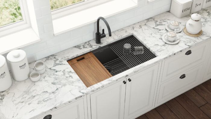 Giana Ruvati 33" Gunmetal Black Stainless Steel Workstation Undermount Kitchen Sink Single Bowl – Model# RVH6533BL