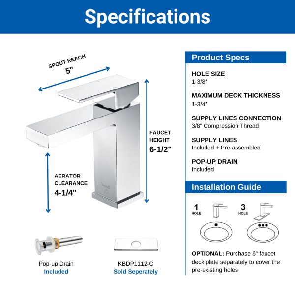 Oakland Single Handle 1 Hole Bathroom Sink Faucet with Pop Up Drain Model# KSB1112C