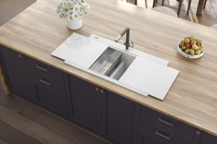 epiGranite Model: RVG1350WH Ruvati 34 inch epiGranite Drop-in Topmount Workstation Ledge Granite Composite Quartz Kitchen Sink – Arctic White Matte – RVG1350WH