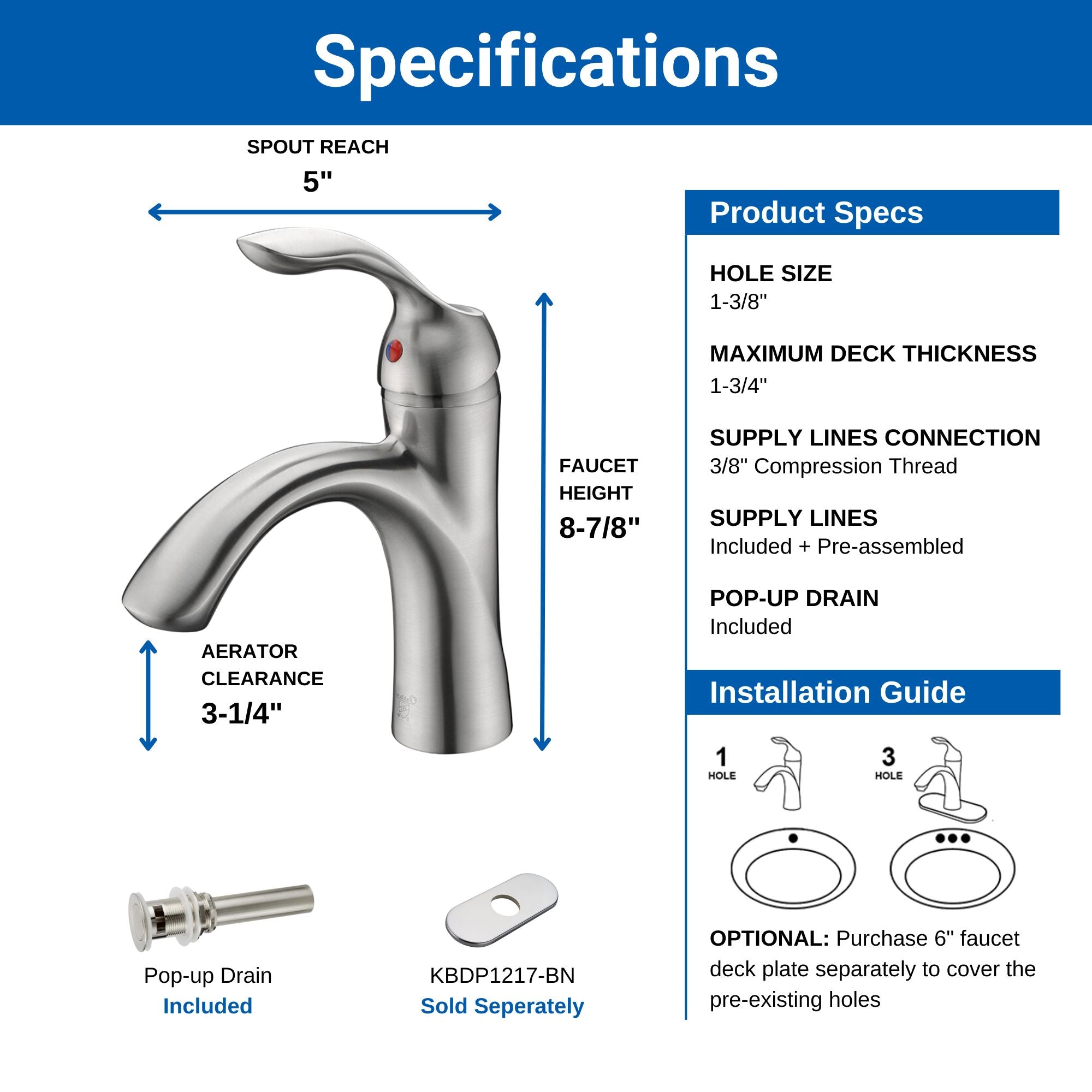 Oakland Single Handle Bathroom Sink Faucet with Pop Up Drain in Brushed Nickel Model# KSB1106BN