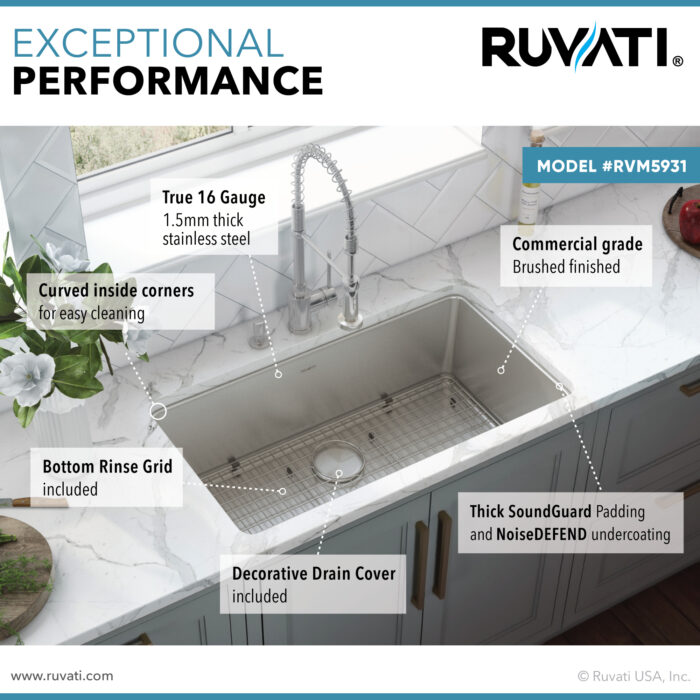 Modena Model: RVM5931 Ruvati 31-inch Undermount Kitchen Sink 16 Gauge Stainless Steel Single Bowl – RVM5931