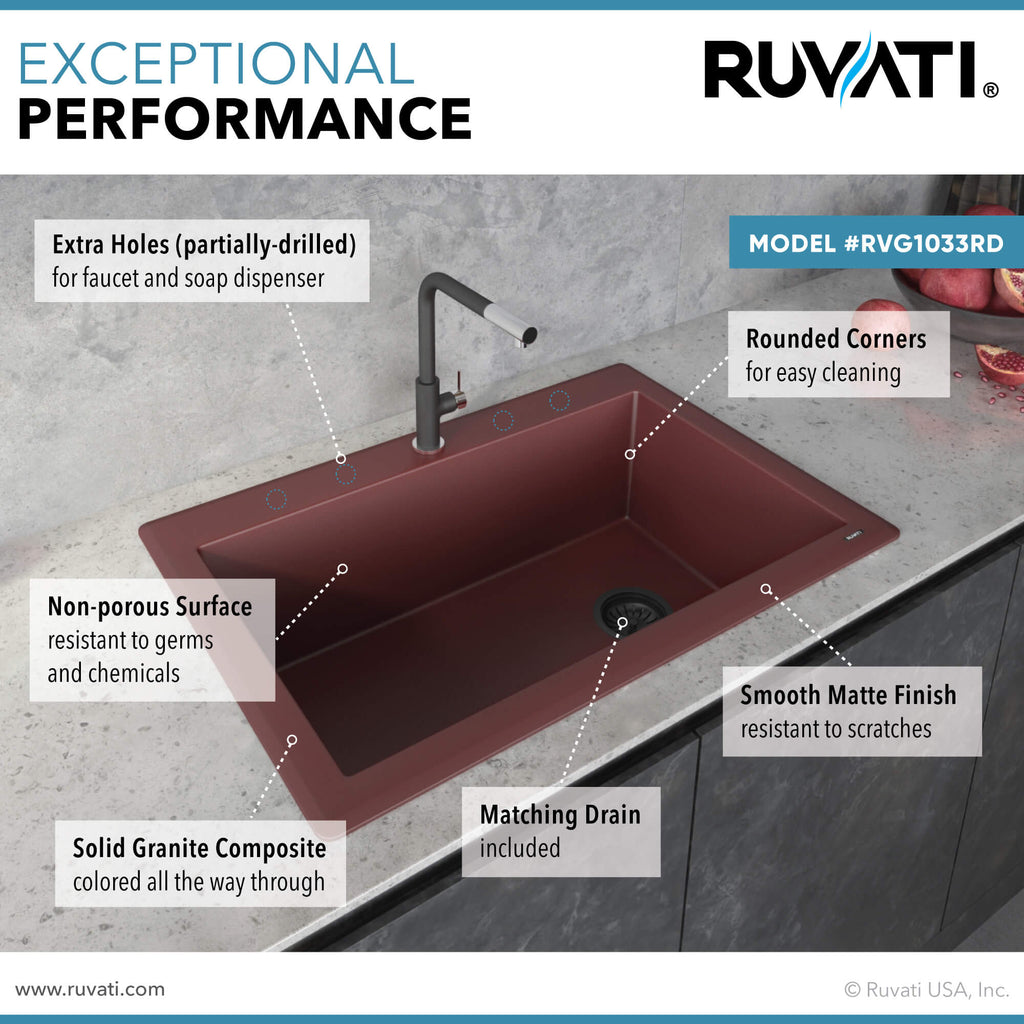 epiGranite Model: RVG1033RD Ruvati 33 x 22 inch Granite Composite Quartz Drop-in Topmount Single Bowl Kitchen Sink – Carnelian Red – RVG1033RD
