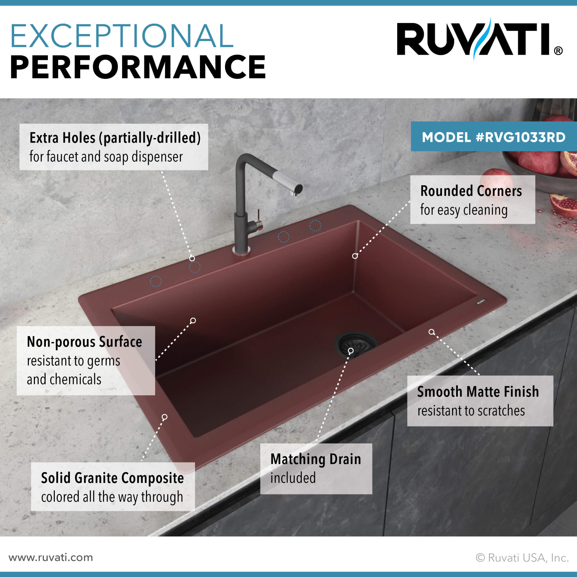 epiGranite Model: RVG1033RD Ruvati 33 x 22 inch Granite Composite Quartz Drop-in Topmount Single Bowl Kitchen Sink – Carnelian Red – RVG1033RD
