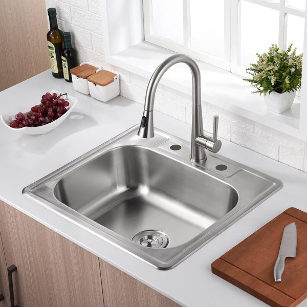 Oakland 25″x22″x9″ Drop-In Top Mount Stainless Steel Single Bowl Kitchen Sink 18 Gauge 3 Hole Model# KST25229T-3
