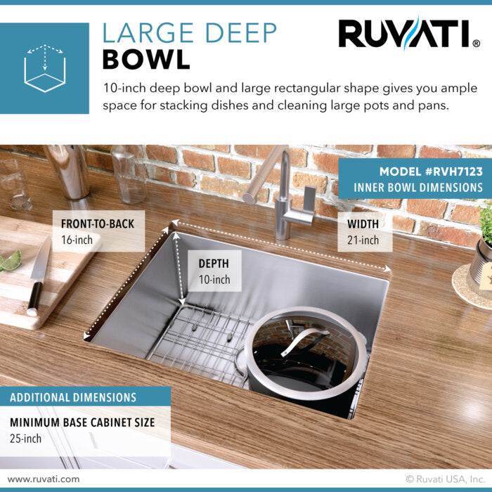 Gravena Ruvati 23-inch Undermount Stainless Steel Kitchen Sink 16 Gauge Rounded Corners Single Bowl – Model# RVH7123