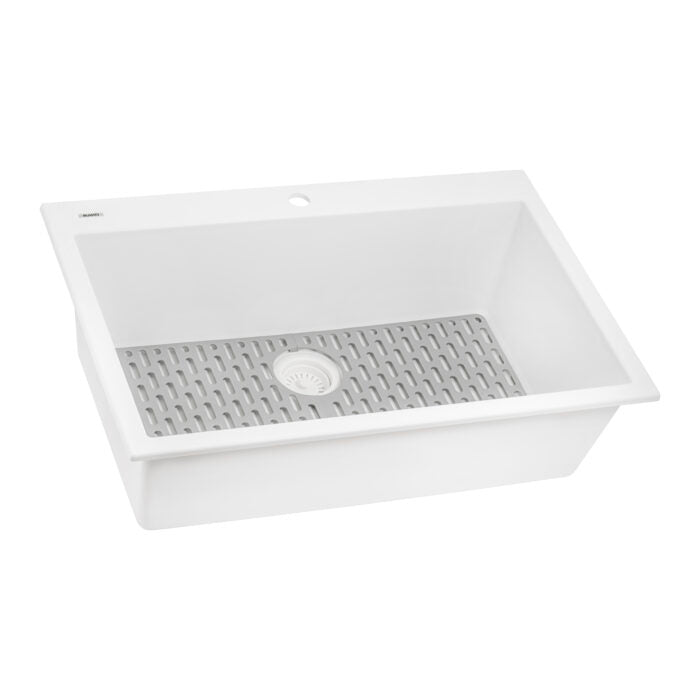epiGranite Model: RVG1030WH Ruvati 30 x 20 inch epiGranite Drop-in Topmount Granite Composite Quartz Single Bowl Kitchen Sink – Arctic White Matte – RVG1030WH