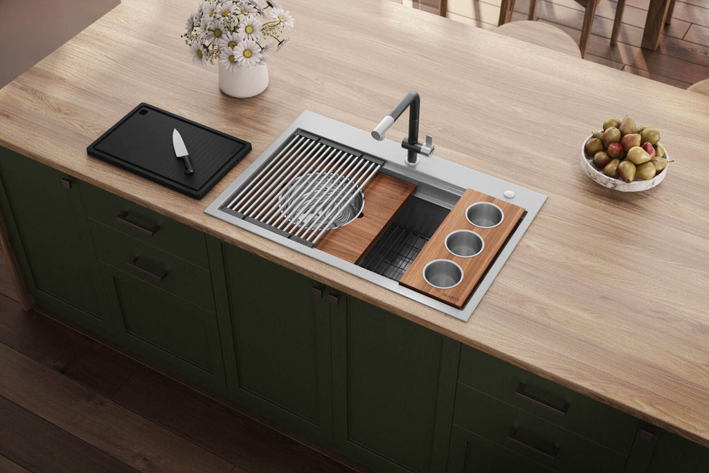 Dual Tier Model: RVH8424 Ruvati 33-inch Workstation Two-Tiered Ledge Kitchen Sink Drop-in Topmount 16 Gauge Stainless Steel – RVH8424