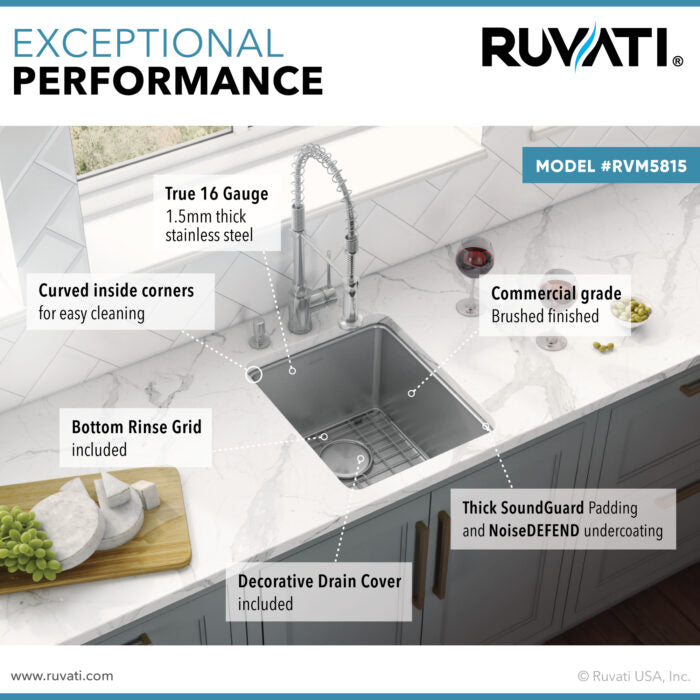 Modena Model: RVM5815 Ruvati 15-inch Undermount Bar Prep Kitchen Sink 16 Gauge Stainless Steel Single Bowl – RVM5815