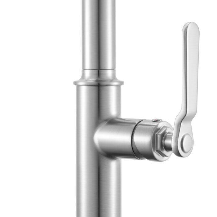 Bianca Model: RVF1238BN Ruvati Bianca Single Handle Pull Down Industrial Pre-Rinse High Arc Kitchen Faucet with Sprayer in Stainless Steel – RVF1238BN