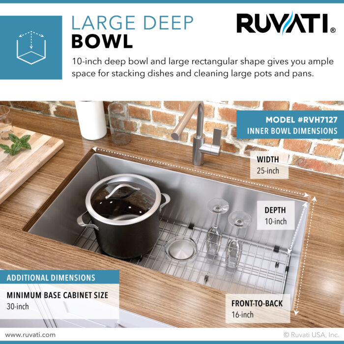 Gravena Ruvati 27-inch Undermount 16 Gauge Stainless Steel Kitchen Sink Rounded Corners Single Bowl – Model# RVH7127