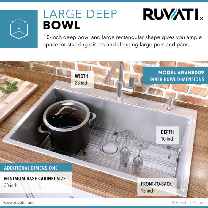 Tirana Pro Model: RVH8009 Ruvati 30 x 22 inch Drop-in Topmount 16 Gauge Stainless Steel Rounded Corners Kitchen Sink Single Bowl – RVH8009