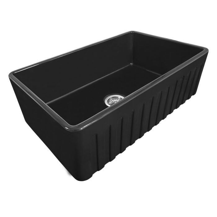 Fiamma Ruvati 33" x 20" Fireclay Reversible Farmhouse Apron-Front Kitchen Sink Single Bowl – Glossy Black – Model# RVL2300BK