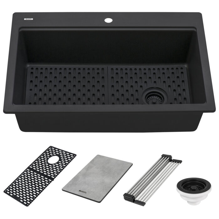 epiStage Ruvati 33-inch Granite Composite Workstation Matte Black Drop-in Top Mount Kitchen Sink – Model# RVG1302BK
