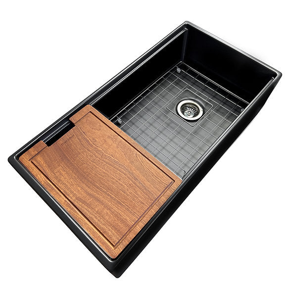 Nantucket Sinks - 36" Fireclay Farmhouse Workstation Single Bowl Kitchen Sink In Matte Black Model# T-PS36MB