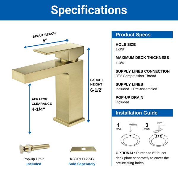 Oakland Single Handle 1 Hole Bathroom Sink Faucet with Pop Up Drain in Satin Gold Model# KSB1112SG