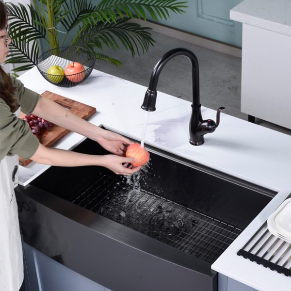 Oakland 33″ Workstation Farmhouse Kitchen Sink 90 Degree Square with Curved Front In Matte Black Model# WSF332110MB
