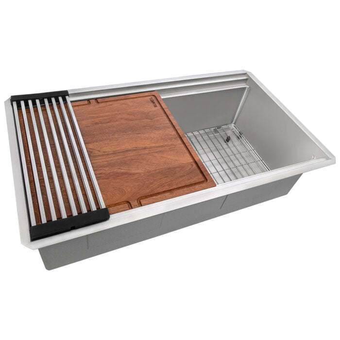 Dual-Tier Pro Ruvati 33" Workstation Two-Tiered Ledge Kitchen Sink Undermount 16 Gauge Stainless Steel – Model# RVH6222ST