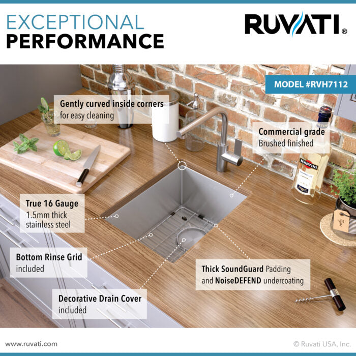 Gravena Ruvati 12" Undermount Bar Prep Kitchen Sink 16 Gauge Round Corners Stainless Steel Single Bowl – Model# RVH7112