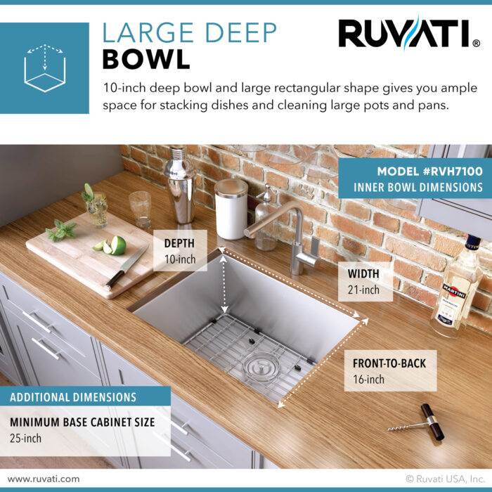 Nesta Ruvati 23" Undermount 16 Gauge Zero Radius Kitchen Sink Stainless Steel Single Bowl – Model# RVH7100