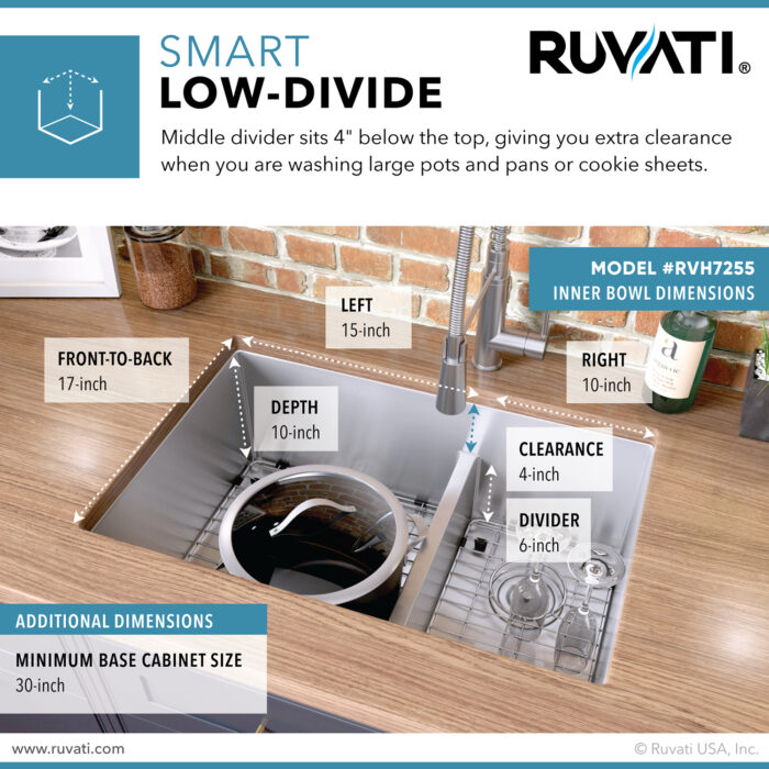 Urbana Ruvati 28-inch Low-Divide Undermount 60/40 Double Bowl Rounded Corners 16 Gauge Stainless Steel Kitchen Sink – Model# RVH7255