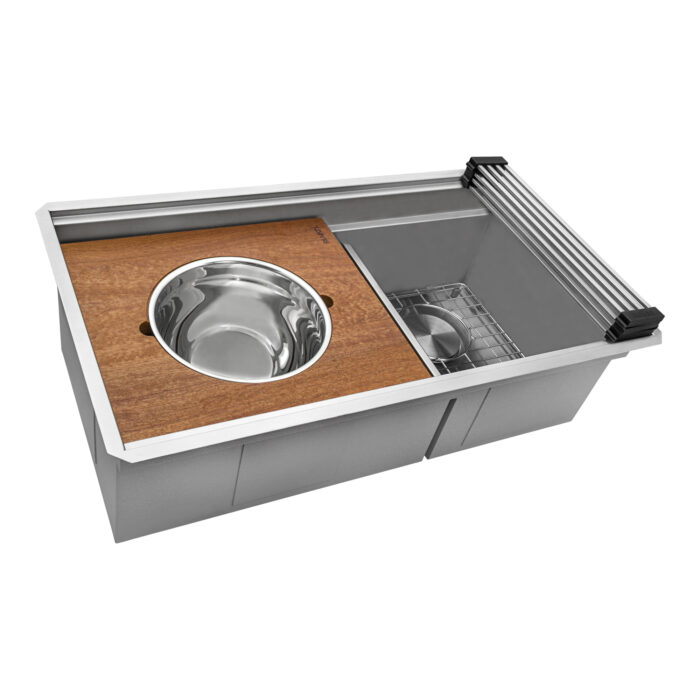Dual Tier Ruvati 33-inch Workstation Dual Tier Double Bowl Low Divide Undermount 16 Gauge Stainless Steel Kitchen Sink – Model # RVH8255