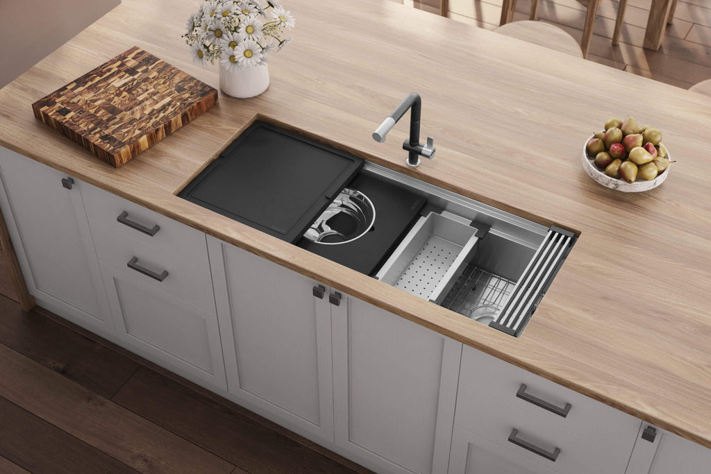 Dual-Tier Nova Model: RVH8335 Ruvati 45-inch Workstation Two-Tiered Ledge Kitchen Sink Undermount 16 Gauge Stainless Steel – RVH8335