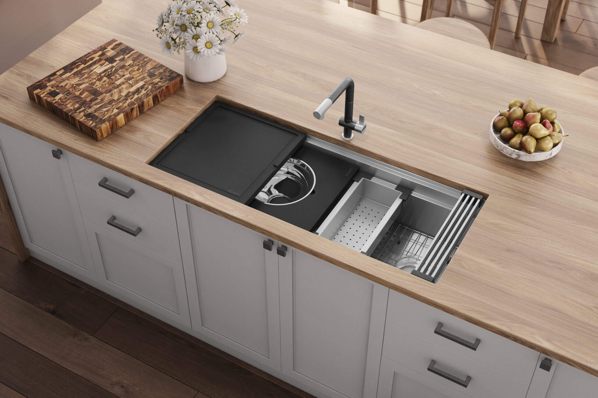 Dual-Tier Nova Model: RVH8335 Ruvati 45-inch Workstation Two-Tiered Ledge Kitchen Sink Undermount 16 Gauge Stainless Steel – RVH8335