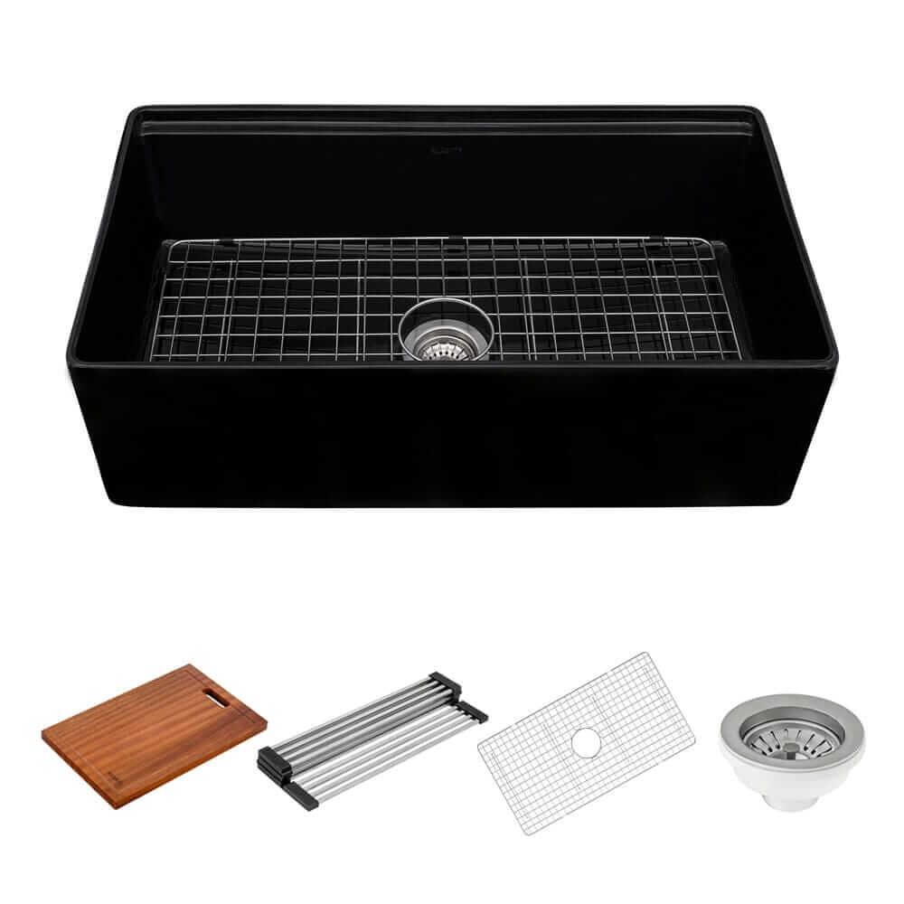 Fiore Model: RVL2387BK Ruvati 33 inch Fireclay Workstation Black Farmhouse Kitchen Sink Apron Front Single Bowl – RVL2387BK