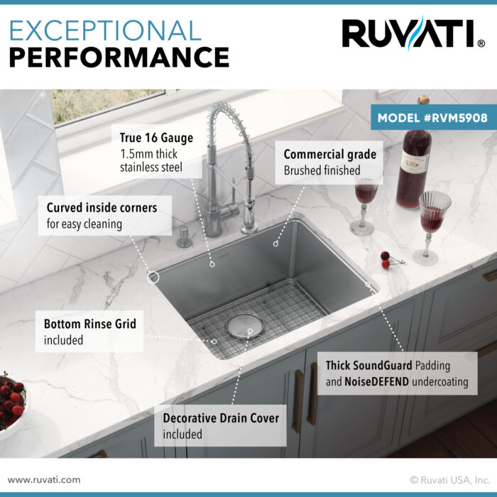 Modena Model: RVM5908 Ruvati 23-inch Undermount Kitchen Sink 16 Gauge Stainless Steel Single Bowl – RVM5908