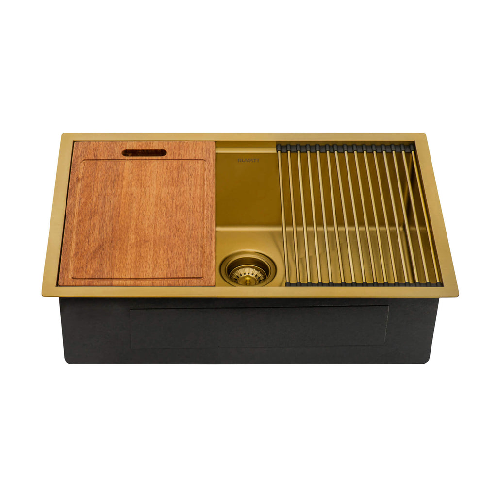 Ruvati 27 inch Matte Gold Workstation Undermount Kitchen Sink Single Bowl Model# RVH6527GG