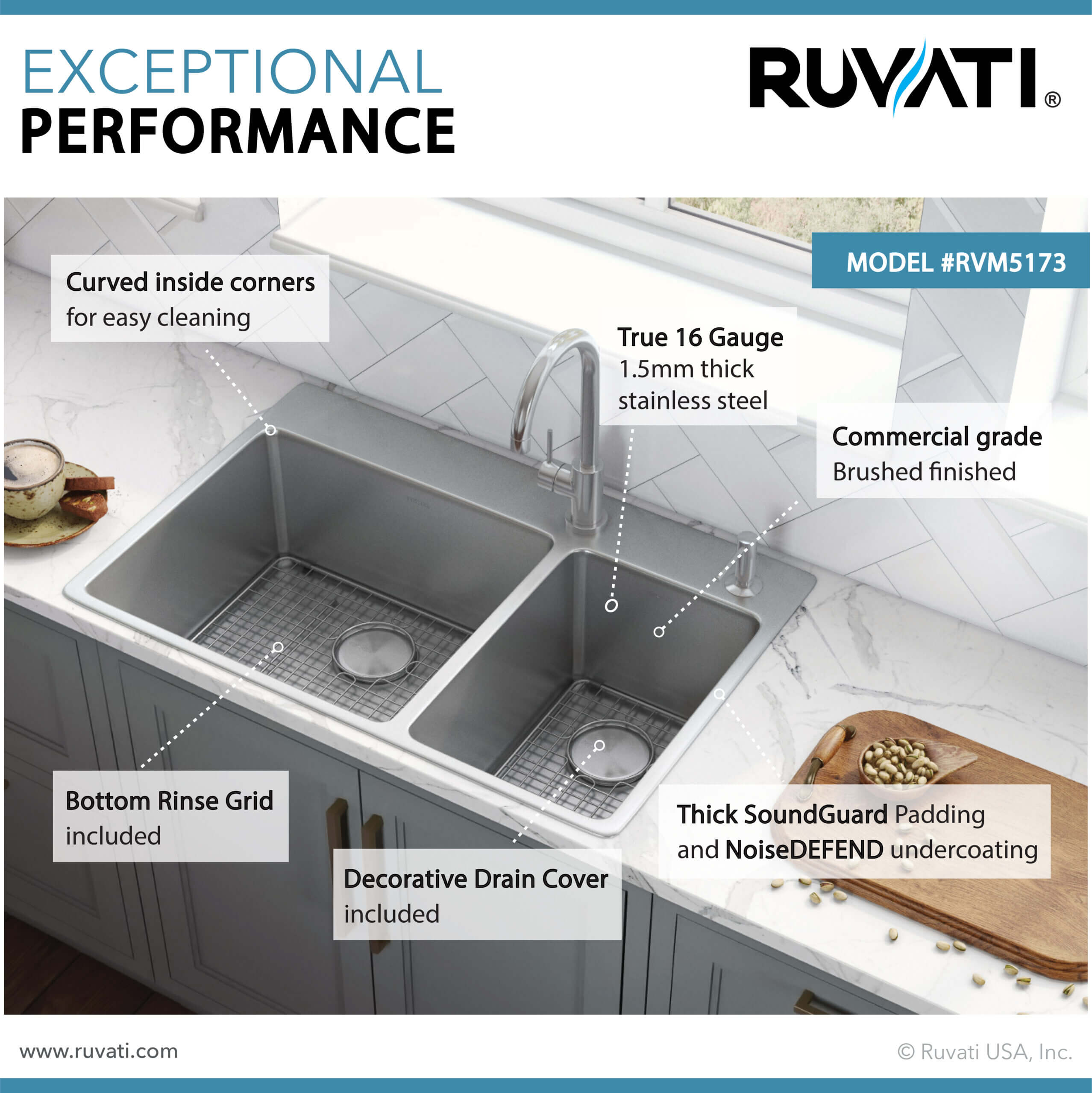 Modena Model: RVM5173 Ruvati 33 x 22 inch Drop-in Topmount Kitchen Sink 16 Gauge Stainless Steel 70/30 Double Bowl – RVM5173