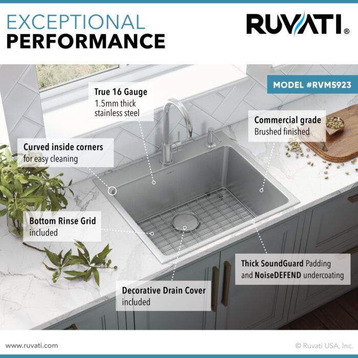Modena Model: RVM5923 Ruvati 23 x 20 inch Drop-in Topmount Kitchen Sink 16 Gauge Stainless Steel Single Bowl – RVM5923