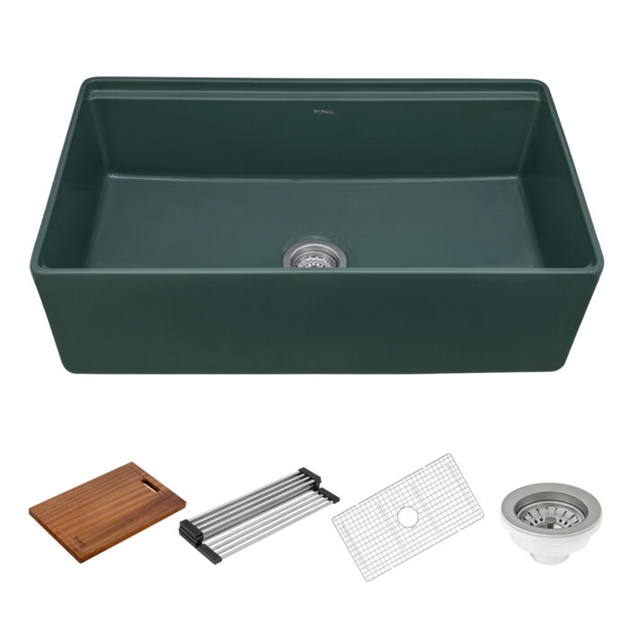 Fiore Model: RVL2387EG Ruvati 33 inch Fireclay Workstation Emerald Green Farmhouse Kitchen Sink Apron Front Single Bowl – RVL2387EG
