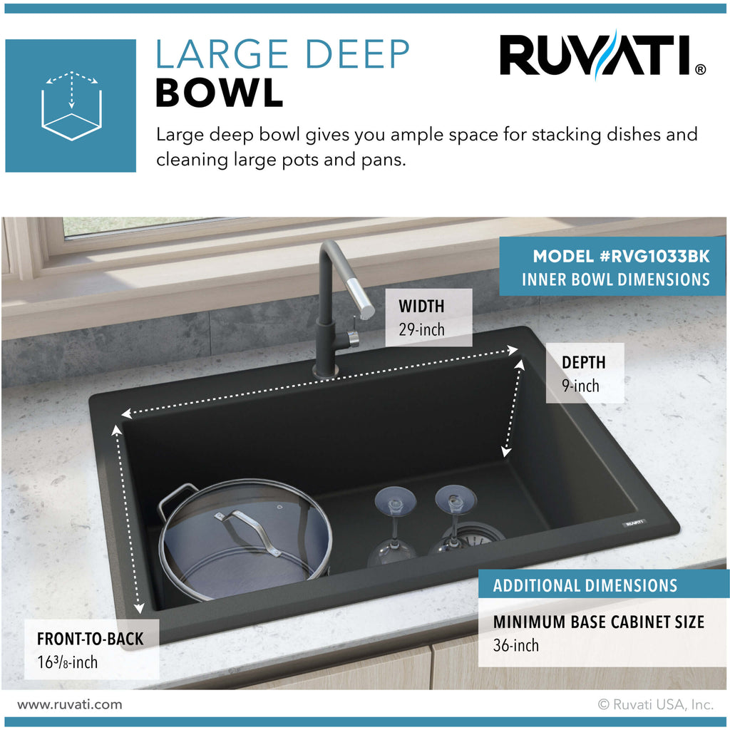 epiGranite Model: RVG1033BK Ruvati 33 x 22 inch epiGranite Drop-in Topmount Granite Composite Quartz Single Bowl Kitchen Sink – Midnight Black – RVG1033BK